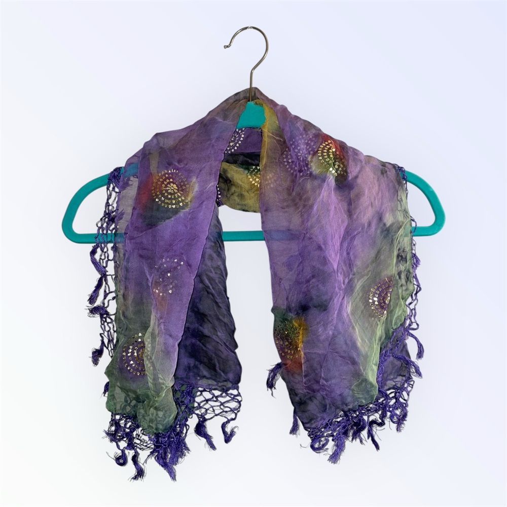 Jacaranda Purple Green and Yellow Tie Dye Sheer Scarf with Gold Accents
